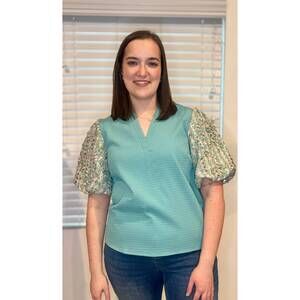 NEW COQUETTE julia sequin sleeve top in teal